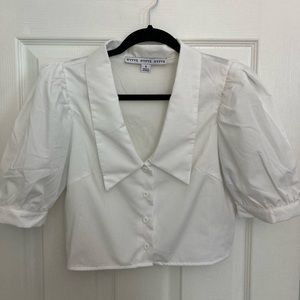 Cropped White Button Down w/Puffed Short Sleeves